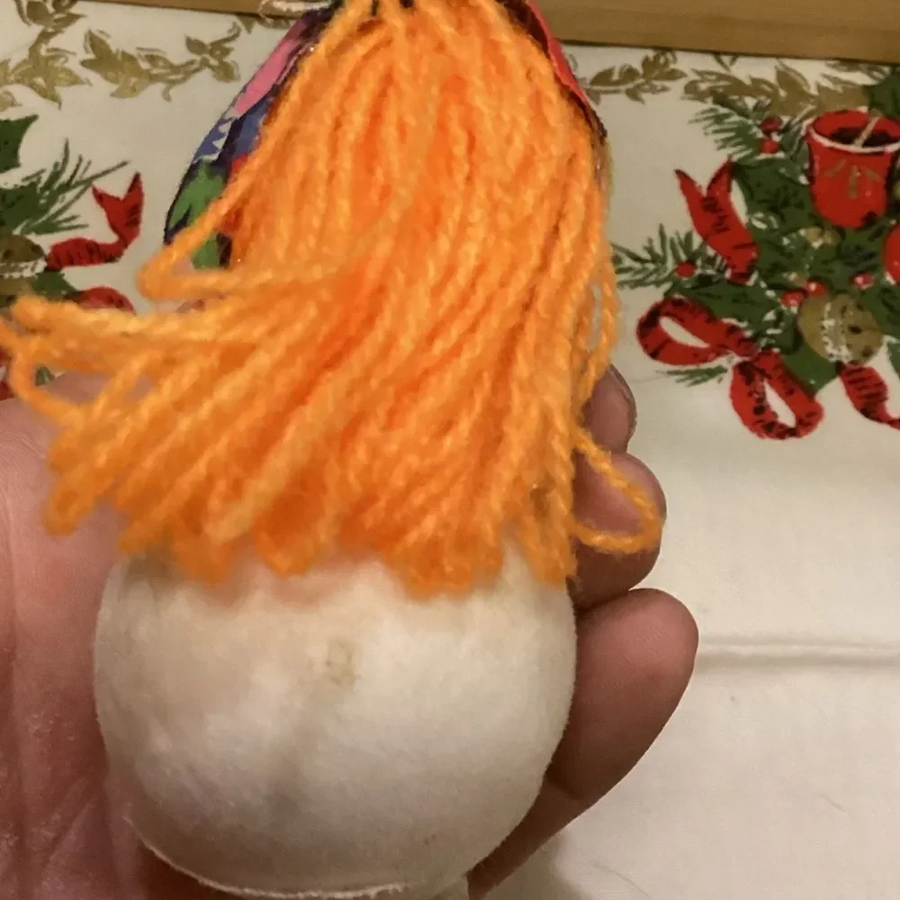 Vintage Angel & Doll Flocked Christmas Ornaments Set MCM Yarn Hair Foam Body
